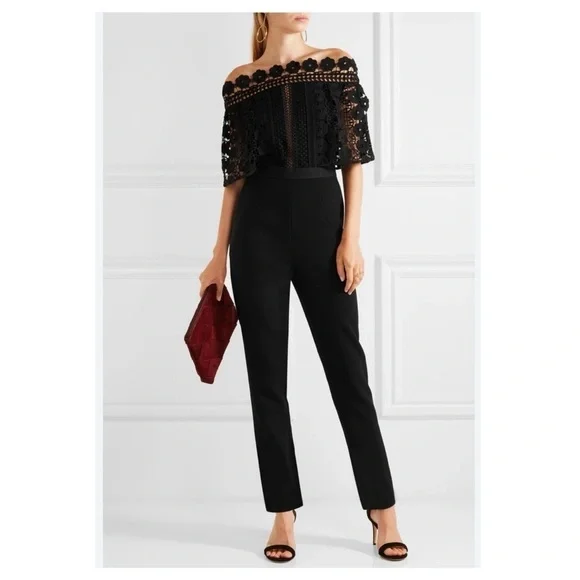 Self-Portrait Black Serena Guipure Lace Crepe Jumpsuit Crochet Pants Set - Picture 1 of 16